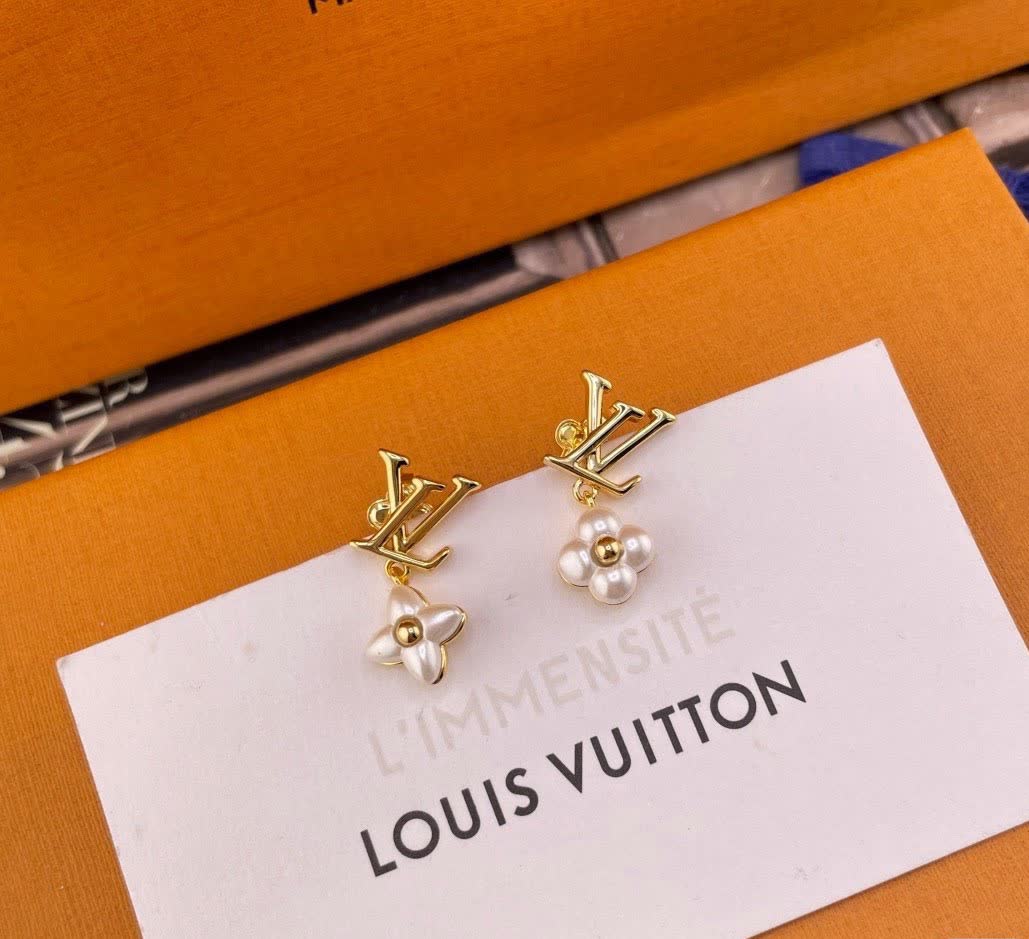 Louis Vuitton Gold Monogram Earrings with Pearl Flower